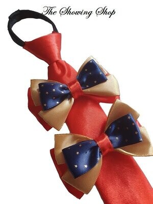 tie bows NAVY RED GOLD Crystals Lead Rein childs equestrian showing set 