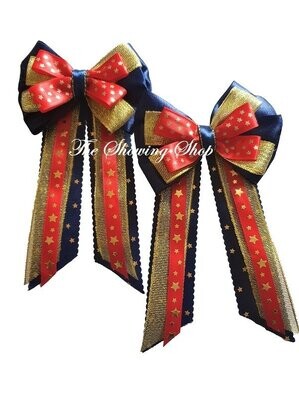 CHILDS EQUESTRIAN SHOWING BOWS ZIP TIE &  BUTTONHOLE SET RED & GOLD LEAD REIN 