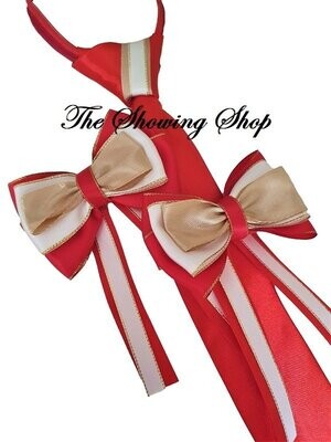 CHILDS EQUESTRIAN SHOWING BOWS LEAD REIN ZIP TIE &  BUTTONHOLE SET RED & GOLD 