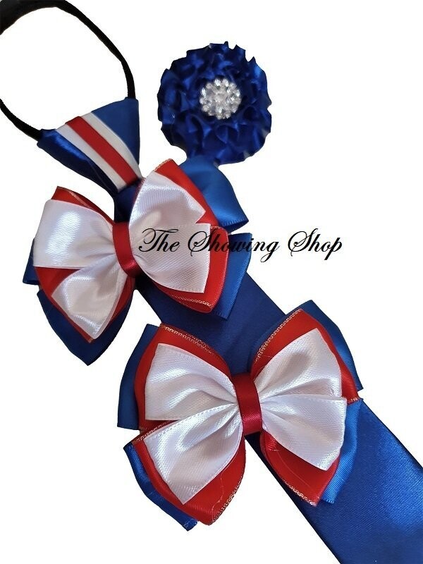 SHOW BOWS, ZIP TIE AND BUTTONHOLE SET - RED/ROYAL BLUE/WHITE