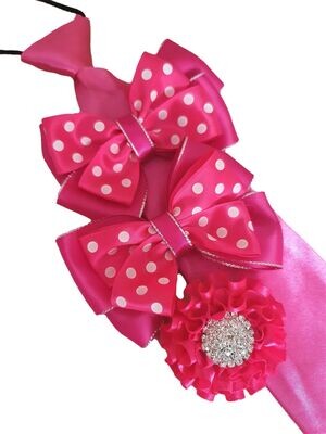 HOT PINK AND WHITE POLKA DOT SHOW BOWS, BUTTONHOLE AND TIE SET