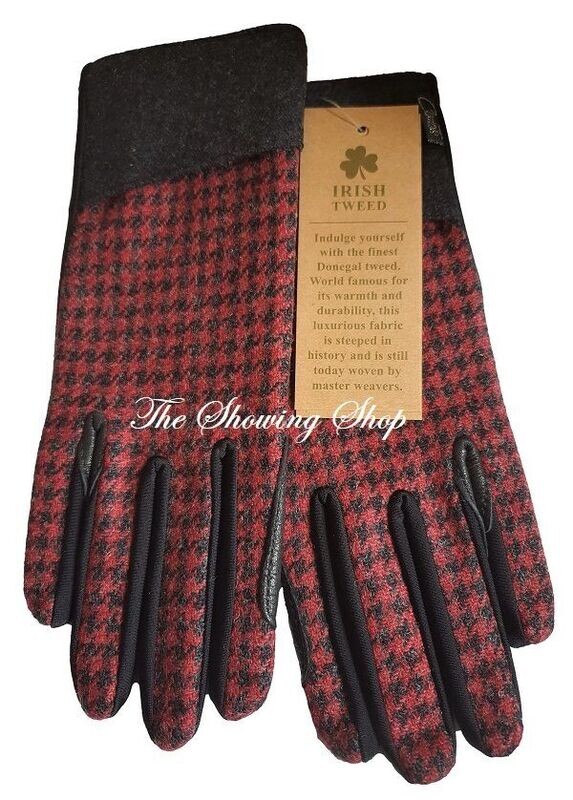 LADIES CARROTS COUNTRY RED AND BLACK TWEED AND LEATHER GLOVES SIZE MEDIUM