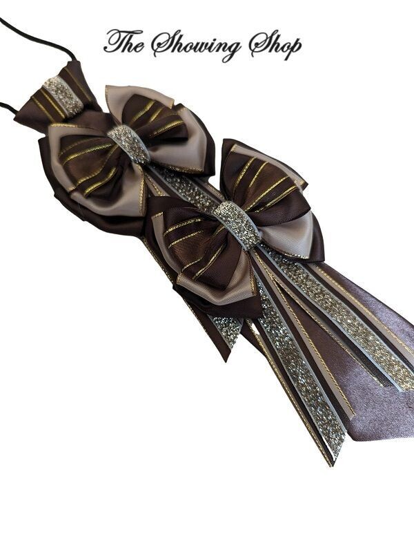 BROWN AND GOLD SHOWING/ LEAD REIN BOWS