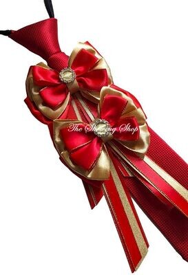 CHILDS PREMIUM SHOW BOWS AND TIE SET - RED & GOLD