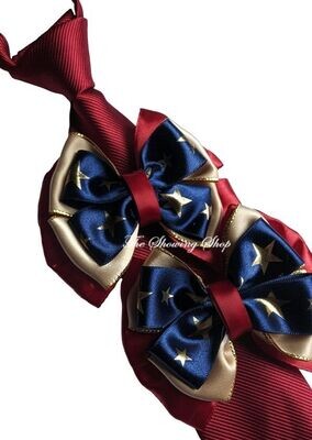 CHILDS PREMIUM WINE RED. GOLD AND NAVY SHOW BOWS AND TIE SET