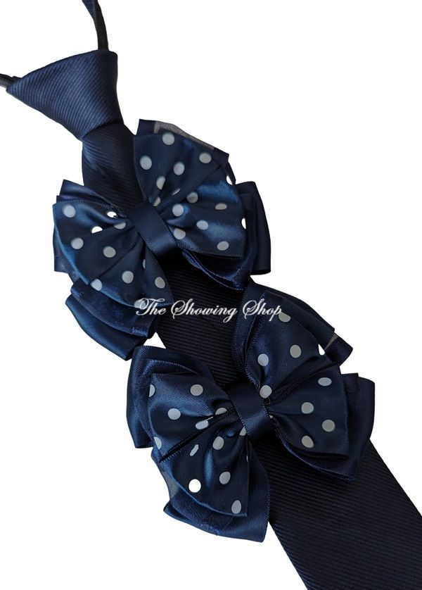 CHILDS PREMIUM SHOW BOWS AND TIE SET - NAVY & WHITE POLKA DOT