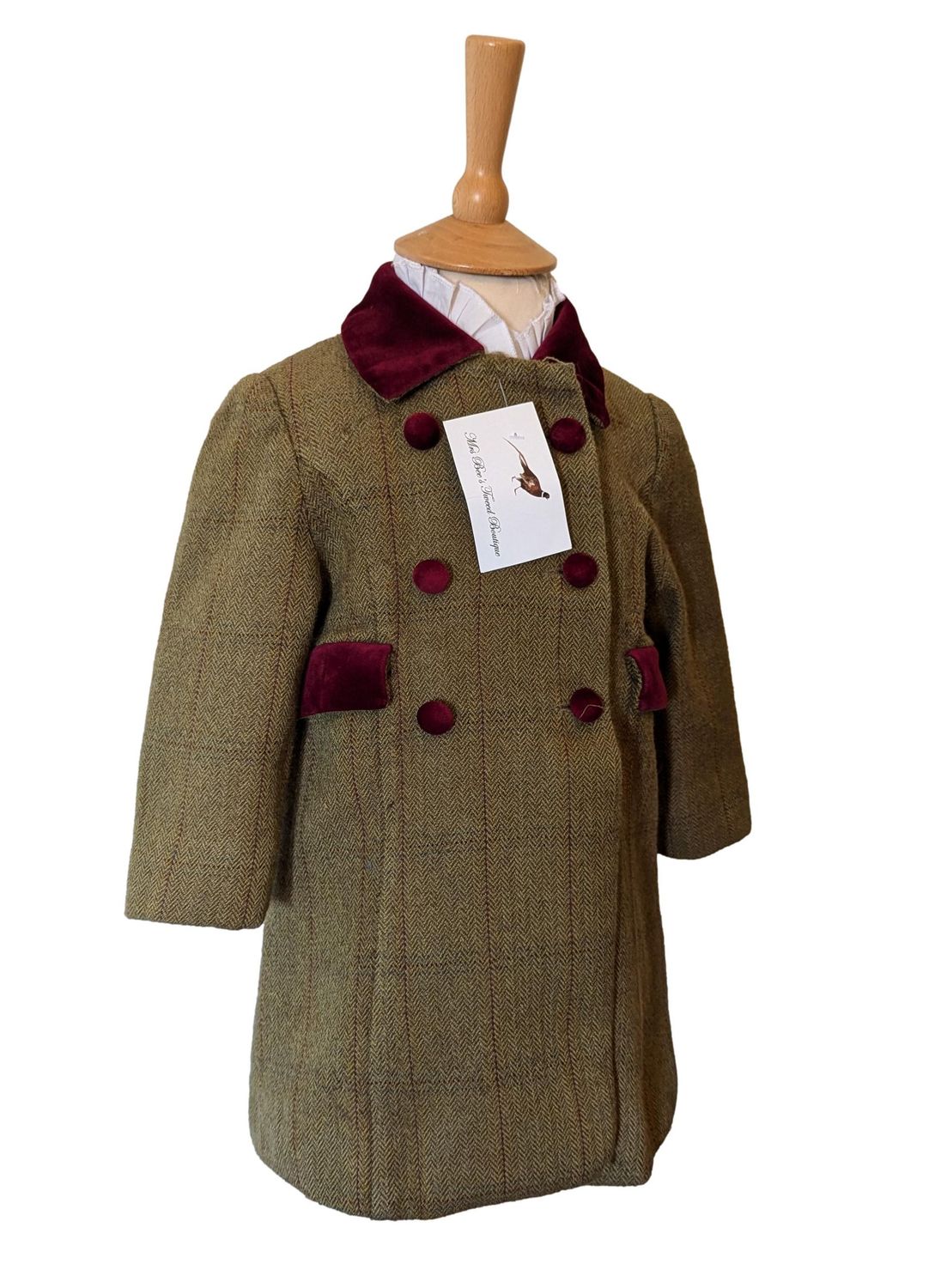 GIRLS PAMELA GREEN TWEED AND VELVET COAT AGE 2