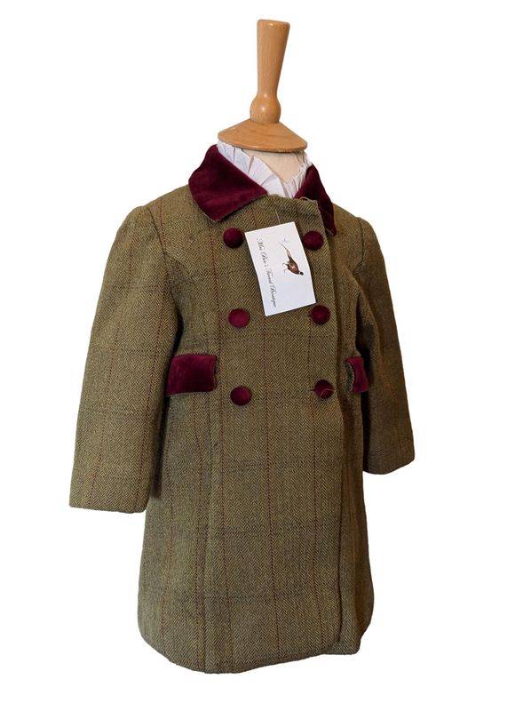 GIRLS PAMELA GREEN TWEED AND VELVET COAT AGE 2