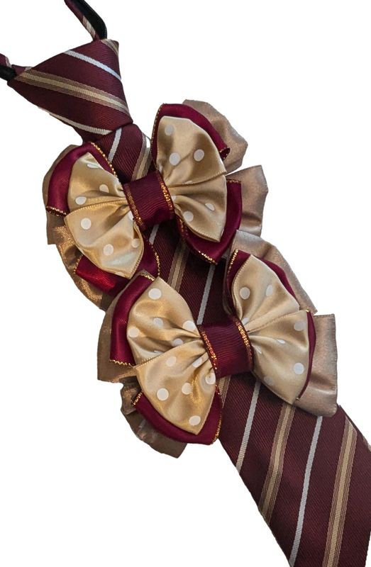 CHILDS PREMIUM SHOW BOWS AND TIE SET - BURGUNDY & GOLD