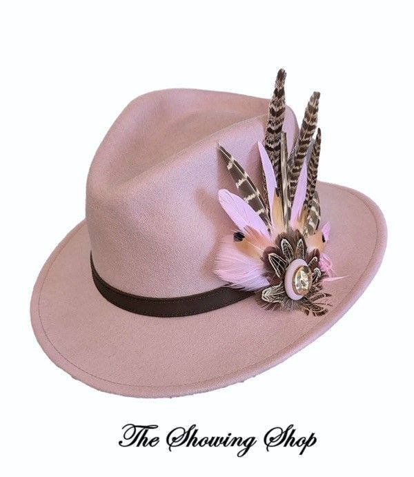 LADIES BABY PINK WOOL AND FEATHER FEDORA