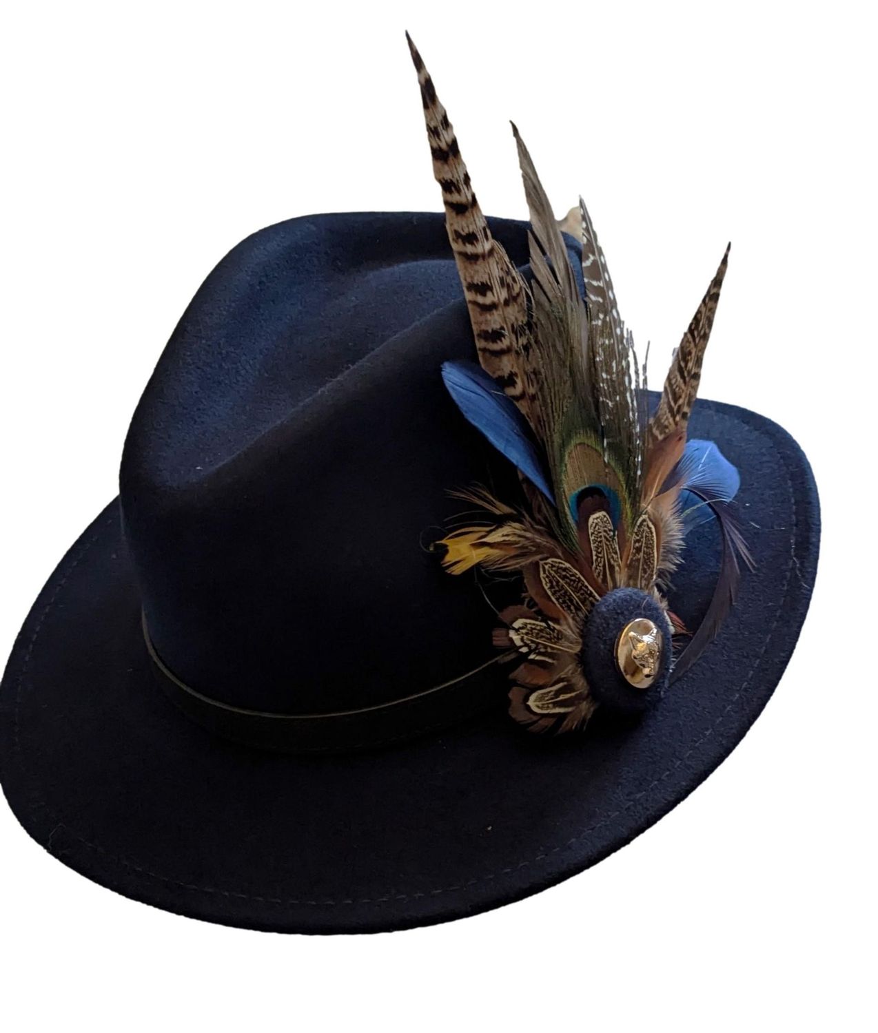LADIES NAVY WOOL AND FEATHER FEDORA
