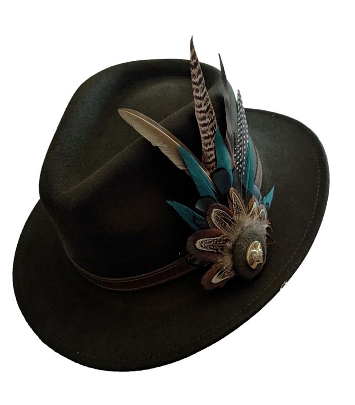 LADIES FOREST GREEN  WOOL AND FEATHER FEDORA- VARIOUS SIZES