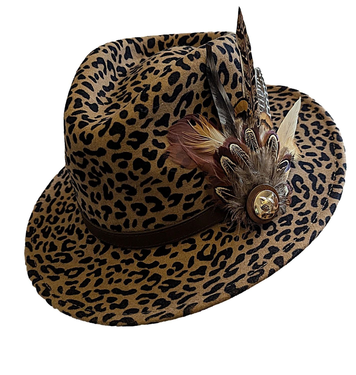 LADIES LEOPARD PRINT WOOL AND FEATHER FEDORA