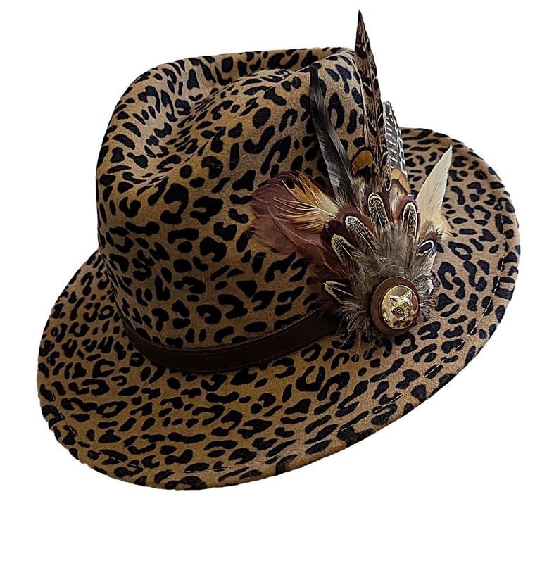LADIES LEOPARD PRINT WOOL AND FEATHER FEDORA