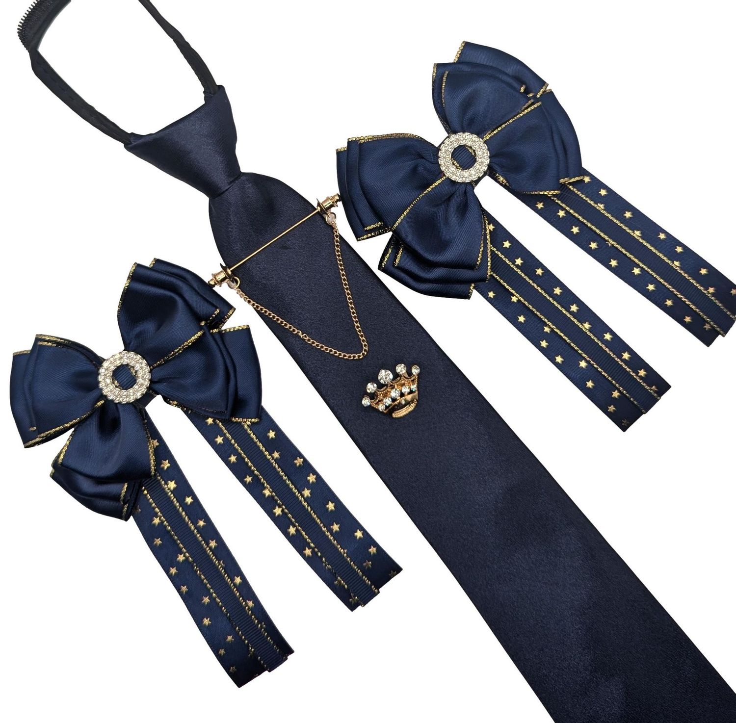 NAVY & GOLD SHOW BOWS, ZIP TIE AND FULL ACCESSORIES SET