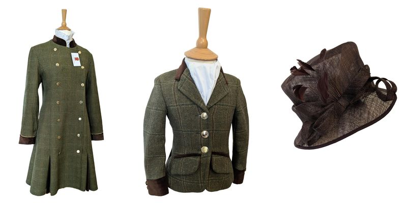 LE BEAU CHEVAL GREEN LEAD REIN OUTFIT. DRESSCOAT AND CHILDS JACKET SIZES 18 & 18