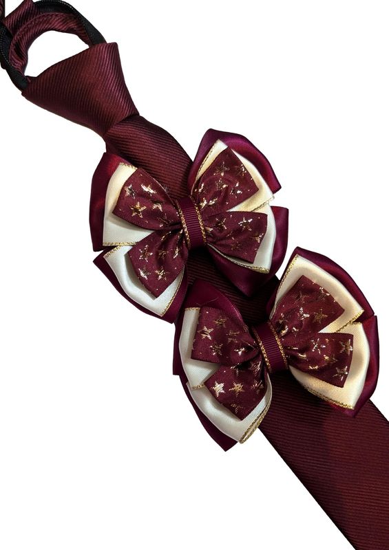 CHILDS PREMIUM SHOW BOWS AND TIE SET - BURGUNDY & CREAM