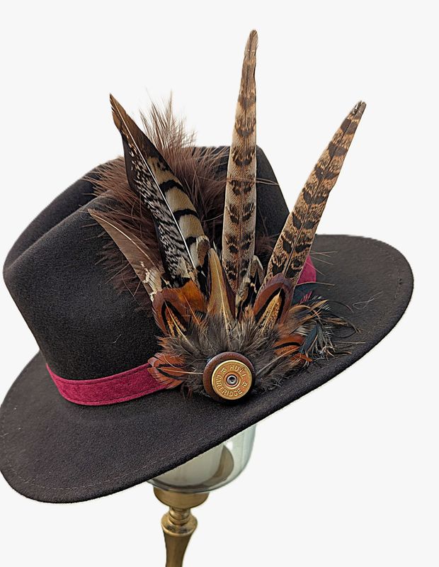LADIES CHOCOLATE BROWN & PINK WOOL AND FEATHER FEDORA