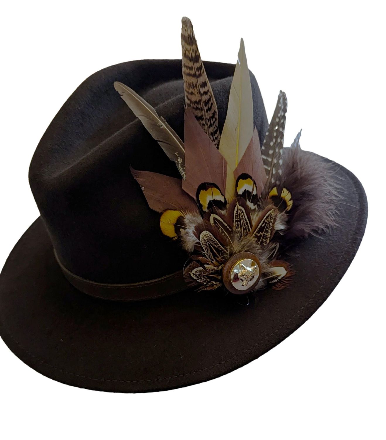 LADIES CHOCOLATE BROWN WOOL AND FEATHER FEDORA