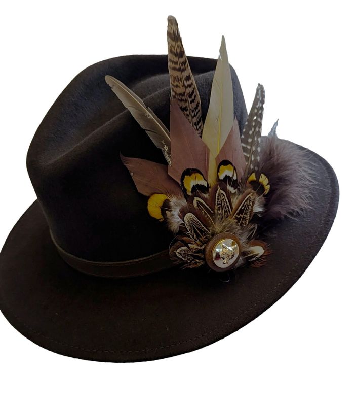 LADIES CHOCOLATE BROWN WOOL AND FEATHER FEDORA