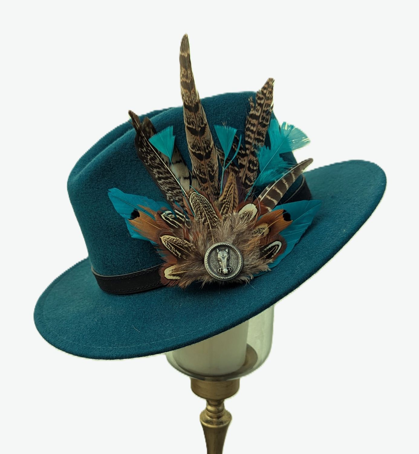 LADIES TEAL WOOL AND FEATHER FEDORA