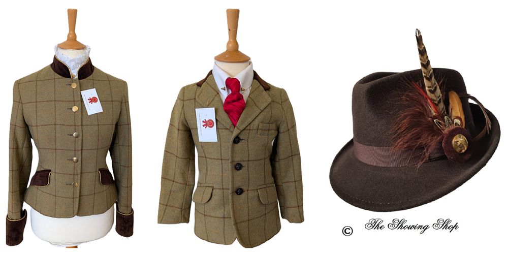RARE BOYS LE BEAU CHEVAL GREEN & BROWN TWEED LEAD REIN SET - LEADER & CHILDS- SIZES 14 & 26