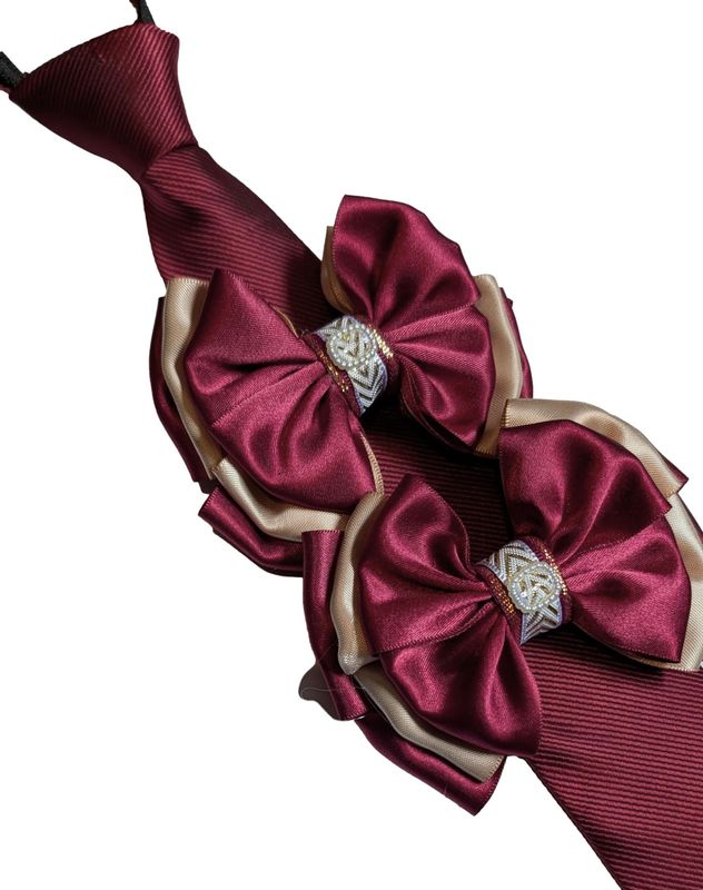 CHILDS PREMIUM SHOW BOWS AND TIE SET - BURGUNDY & GOLD
