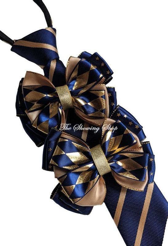 CHILDS PREMIUM SHOW BOWS AND TIE SET - NAVY & GOLD