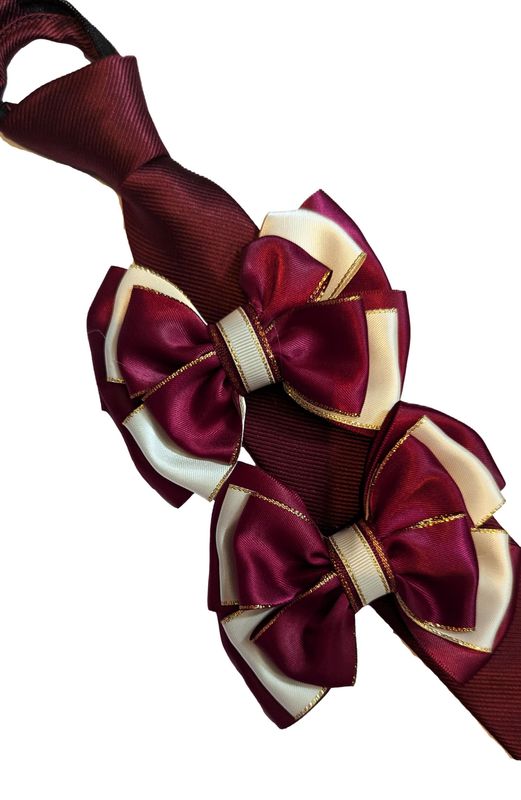CHILDS PREMIUM SHOW BOWS AND TIE SET - BURGUNDY & CREAM
