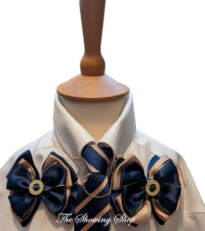 CHILDS PREMIUM SHOW BOWS AND TIE SET - NAVY & GOLD