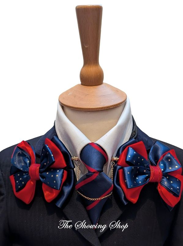 CHILDS PREMIUM SHOW BOWS AND TIE SET - RED & NAVY