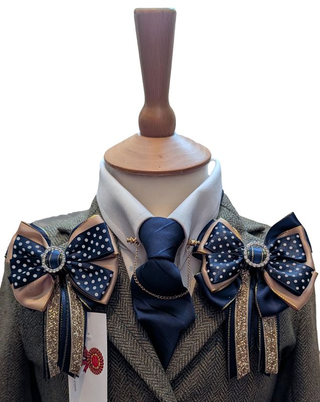 CHILDS PREMIUM SHOW BOWS AND TIE SET - NAVY & GOLD