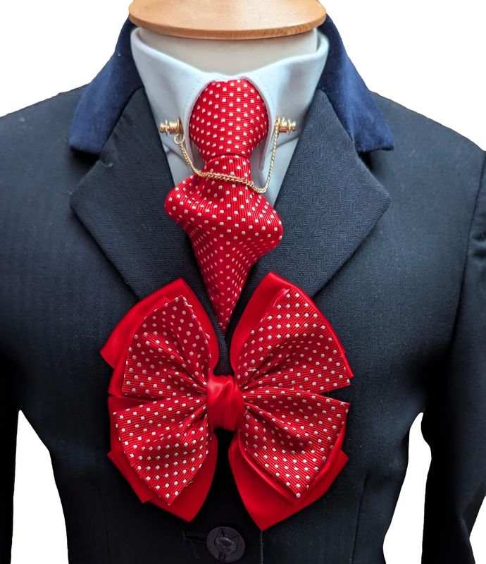 OLDER CHILDS PREMIUM RED/ WHITE POLKA DOT SHOWING BOW AND ZIP TIE SET