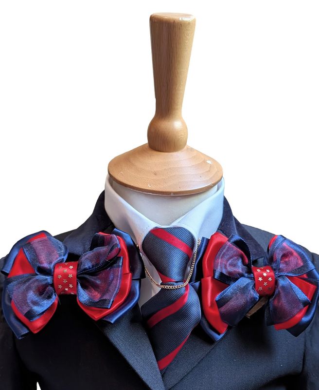 CHILDS PREMIUM SHOW BOWS AND TIE SET - RED & NAVY