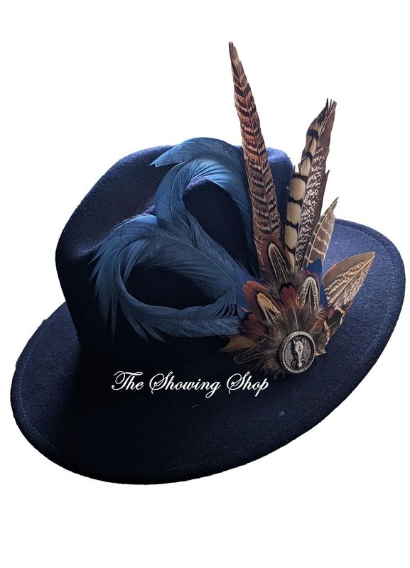 NAVY WOOL & FEATHER FEDORA HAT