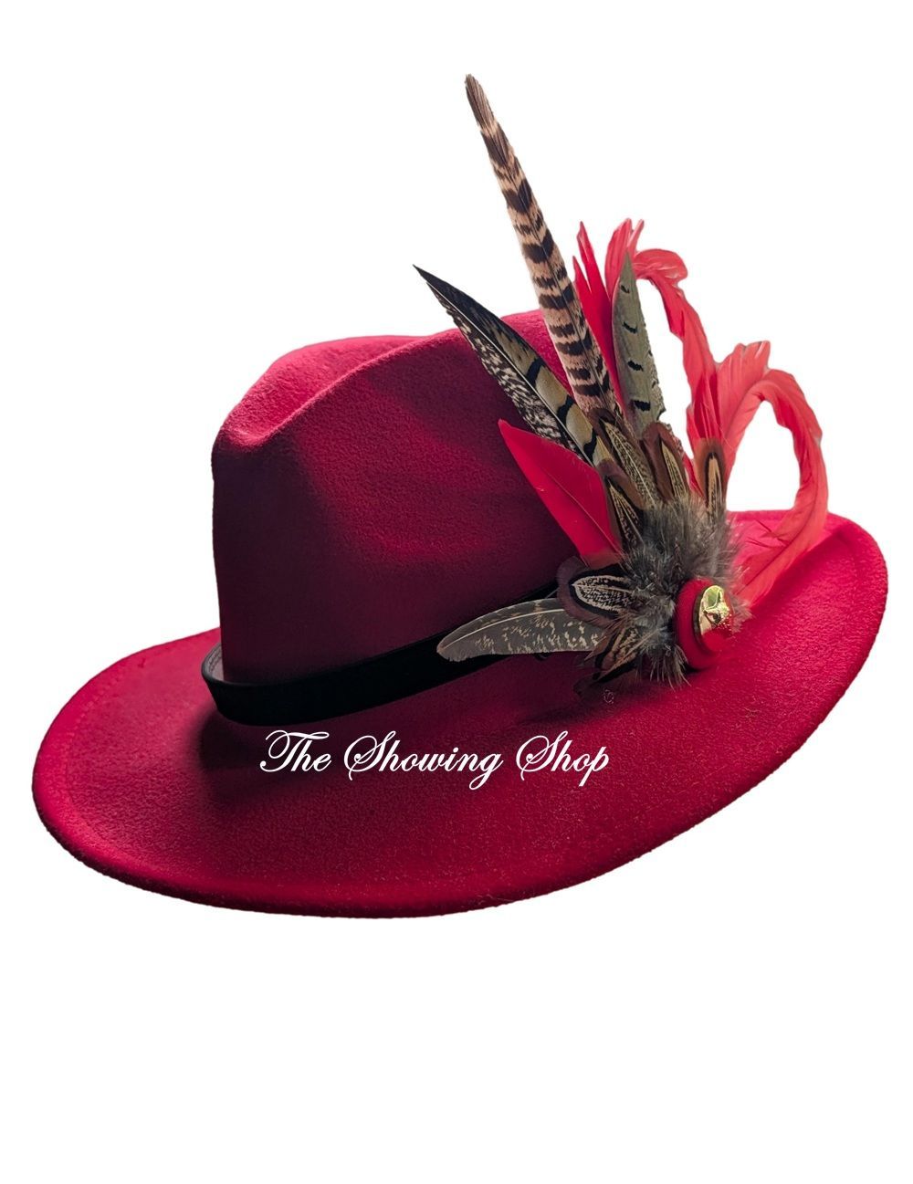 LADIES RED WOOL AND FEATHER FEDORA