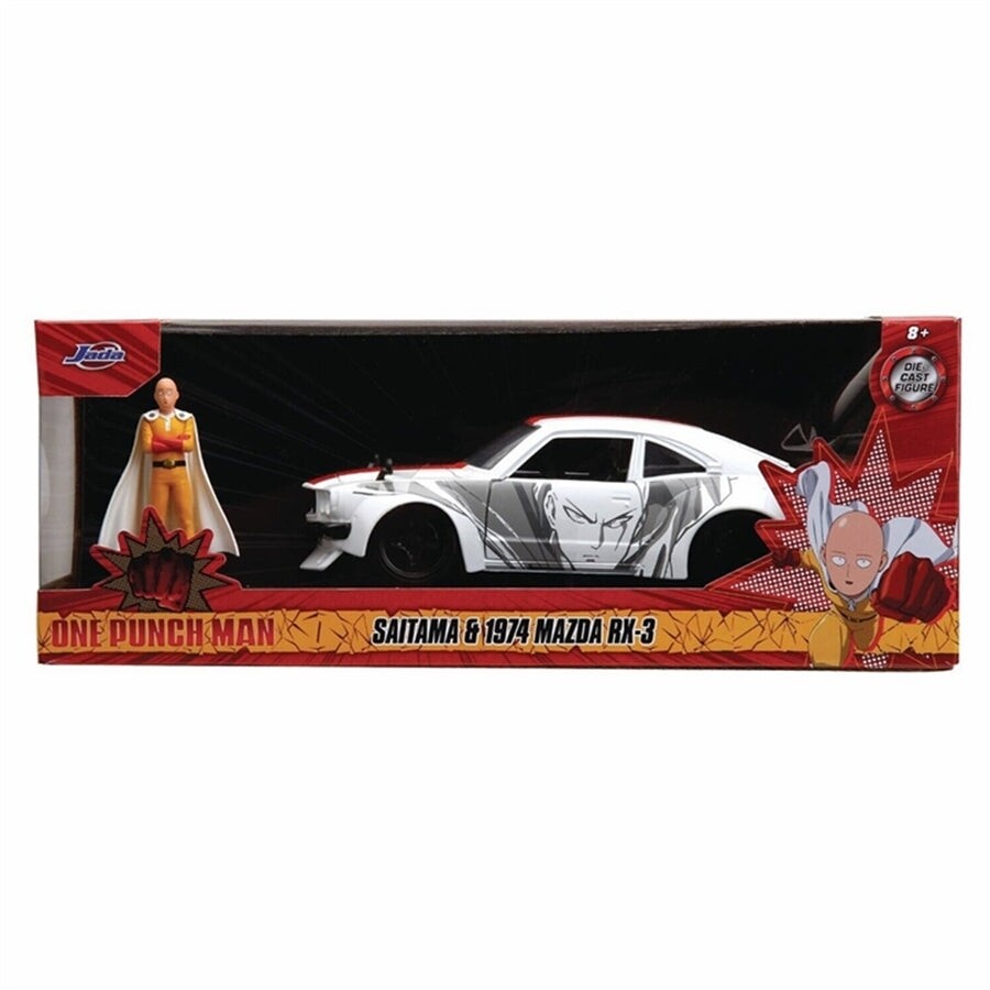 One Punch Man 1974 Mazda RX-3 1:24 Scale Die-Cast Metal Vehicle with Saitama Figure
