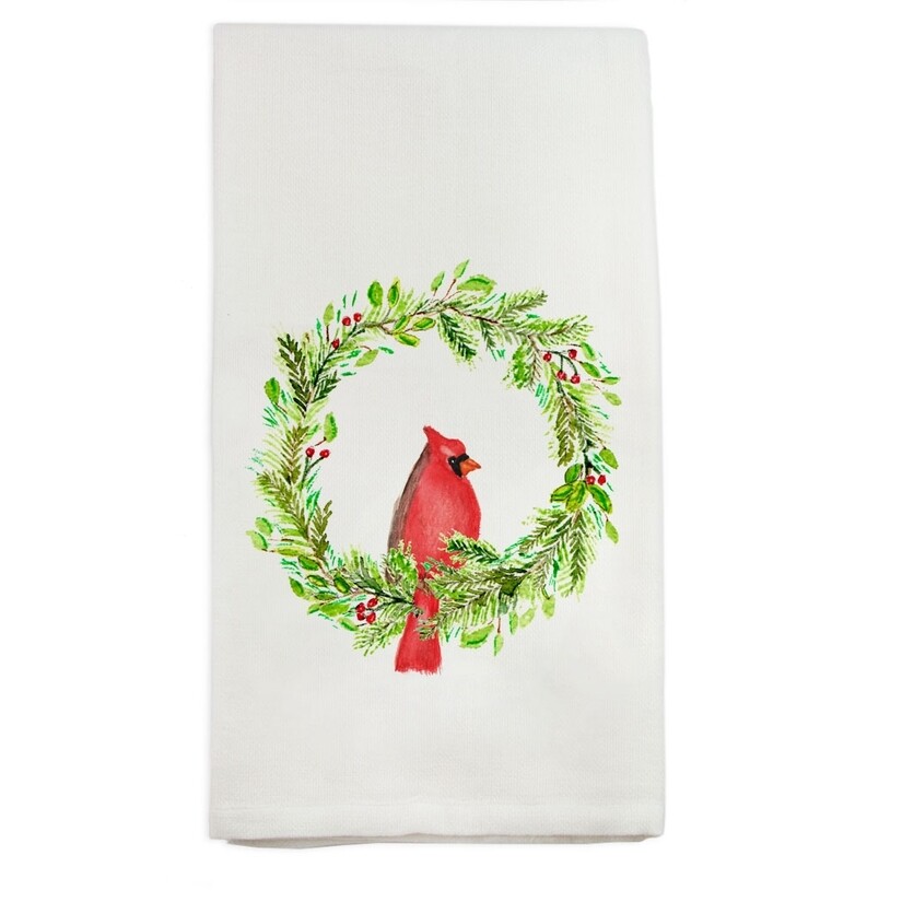 Cotton Tea Towel Cardinal In Wreath 