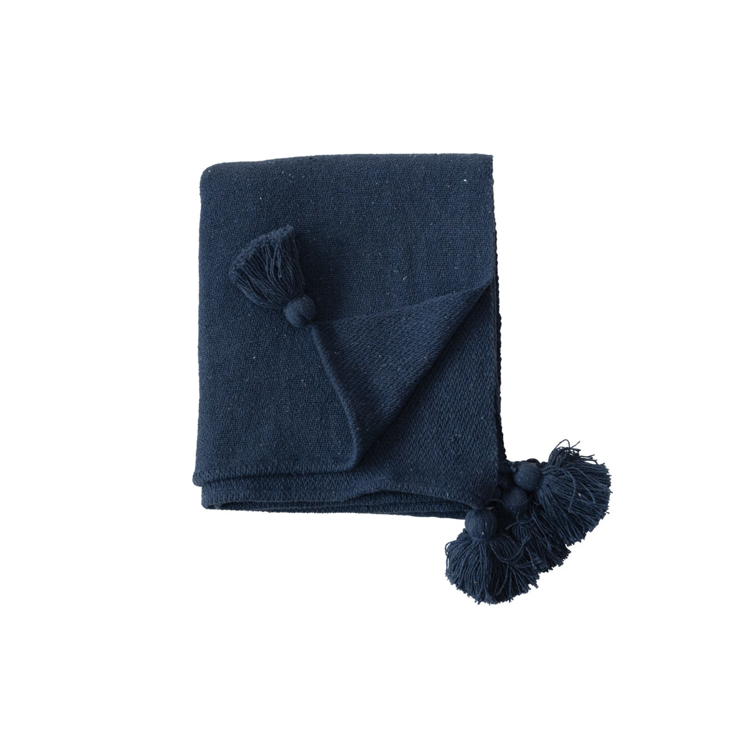 Blue 60" X 50"Cotton Throw With Pom Poms