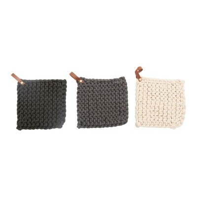 Cotton Crochet Hot Pad Charcoal w/leather loop