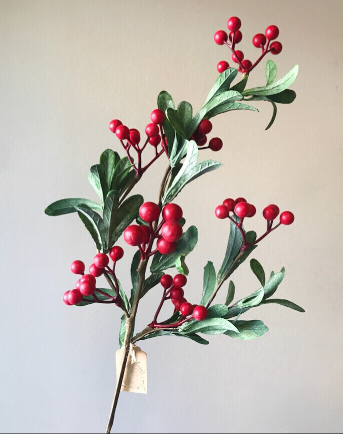 Faux Red Berry & Leaf Branch 23" H
