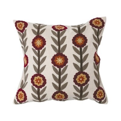 Square Red Yellow And Orange Embroidered Flower Pillow