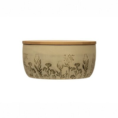 Ceramic Floral Canister With Bamboo Lid 7-3/4"