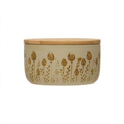 Cannister Floral Stoneware With Bamboo Lid