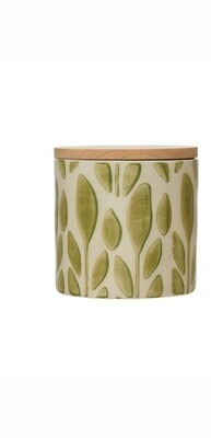 Ceramic Round Jar With Bamboo Lid Green Leaves 4"