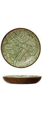 Wooden Round Bowl With Green Print Large