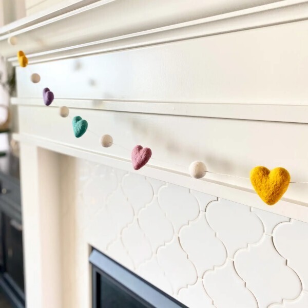 Conversational Wool Felt Ball Garland / Boho Valentine Decor Handmade