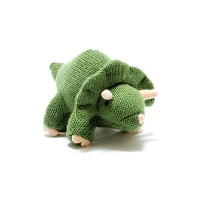 Hand Knitted Organic Cotton Rattle Small Moss Green Triceratops Baby