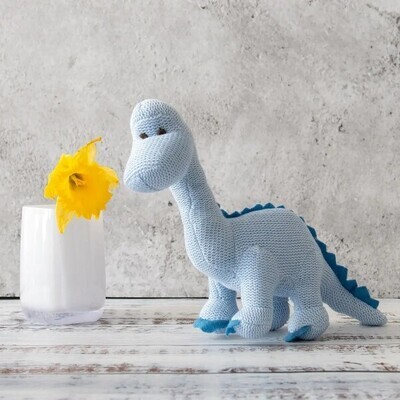 Hand Knitted Organic Cotton Rattle Small Blue Diplodocus Dinosaur