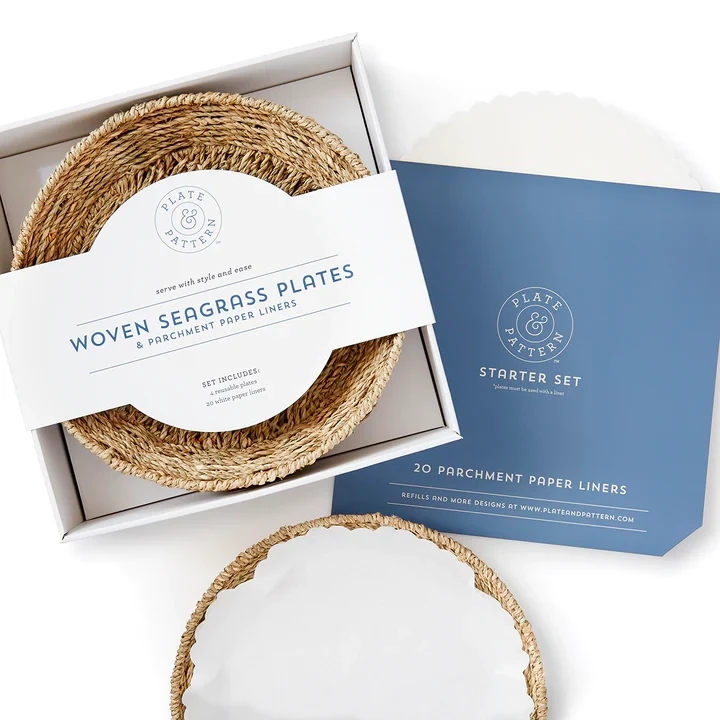 Set Of 4 Seagrass Plates And 20 White Paper Liners